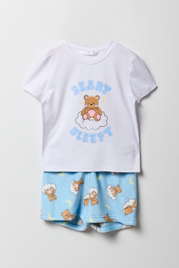 Girls Graphic T-Shirt & Plush Short 2 Piece Pajama Set - 图片 11