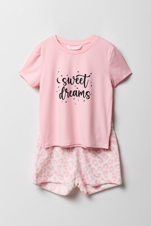 Girls Graphic T-Shirt & Plush Short 2 Piece Pajama Set - 图片 16