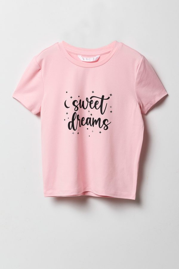 Girls Graphic T-Shirt & Plush Short 2 Piece Pajama Set - 图片 17