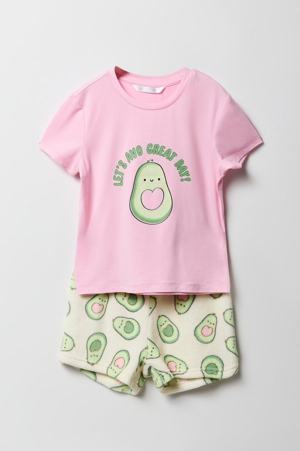 Girls Graphic T-Shirt & Plush Short 2 Piece Pajama Set - 图片 26