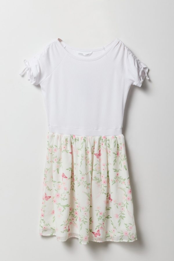 Girls Floral Chiffon Ruched Sleeve Skater Dress - 图片 3