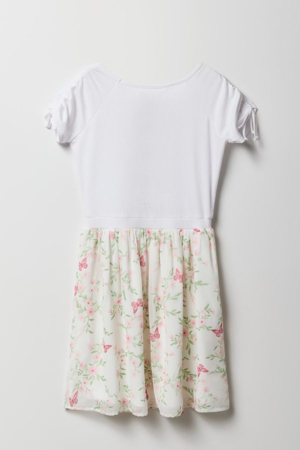 Girls Floral Chiffon Ruched Sleeve Skater Dress - 图片 4