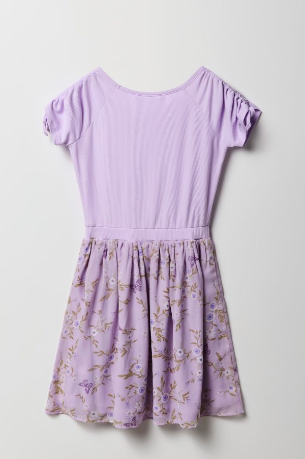 Girls Floral Chiffon Ruched Sleeve Skater Dress - 图片 2