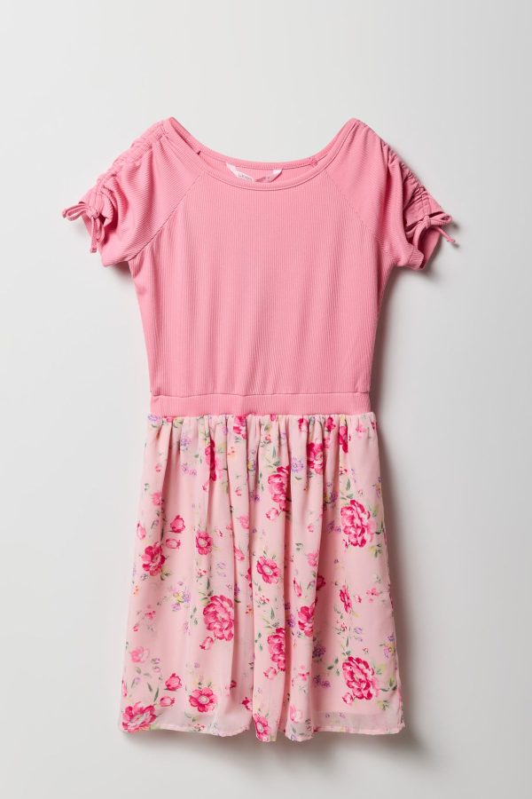 Girls Floral Chiffon Ruched Sleeve Skater Dress - 图片 5