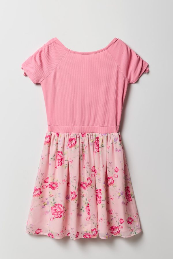 Girls Floral Chiffon Ruched Sleeve Skater Dress - 图片 6