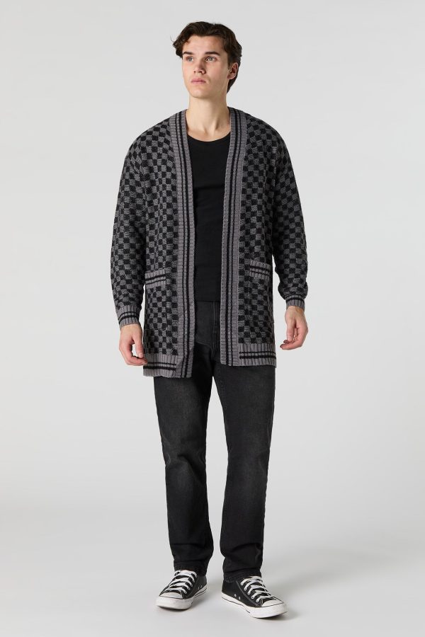 Checkered Knit Open Front Cardigan - 图片 3