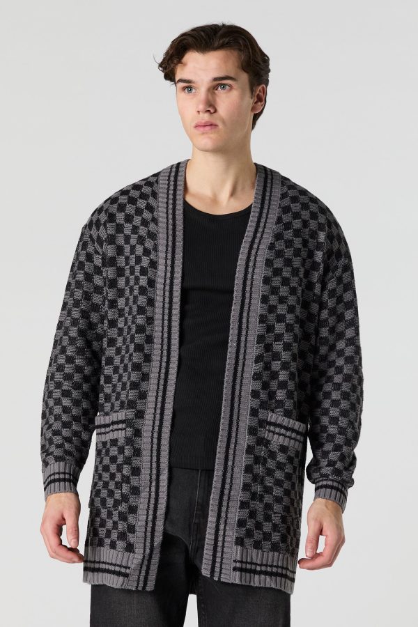 Checkered Knit Open Front Cardigan