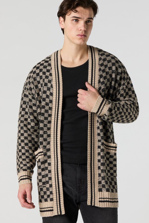 Checkered Knit Open Front Cardigan - 图片 10