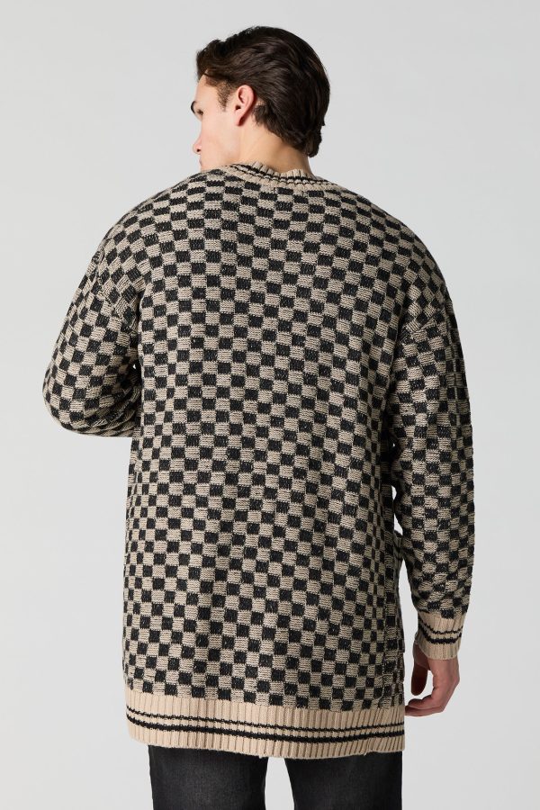 Checkered Knit Open Front Cardigan - 图片 11