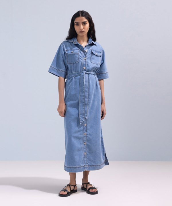 Denim Dress With Belt - 图片 5