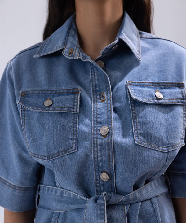 Denim Dress With Belt - 图片 2