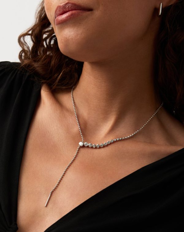 Beaded Stone Slider Lariat Necklace| Sterling Silver Cubic Zirconia - 图片 2