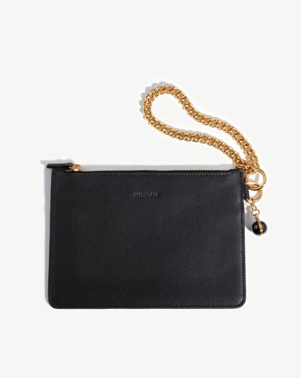 Chain Wristlet Leather Pouch | 18ct Gold Plated/Recycled Black Leather