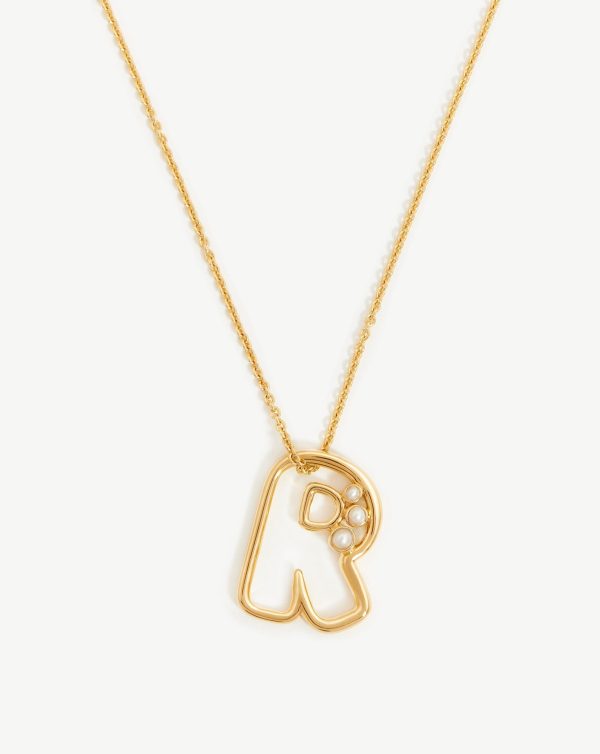 Chubby Pearl Initial Pendant Necklace  - Initial R | 18ct Gold Vermeil/Pearl