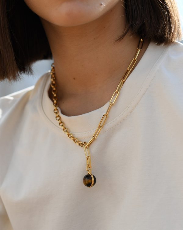 Deconstructed Axiom Sphere Chain Necklace | 18ct Gold Plated/Tigers Eye - 图片 2