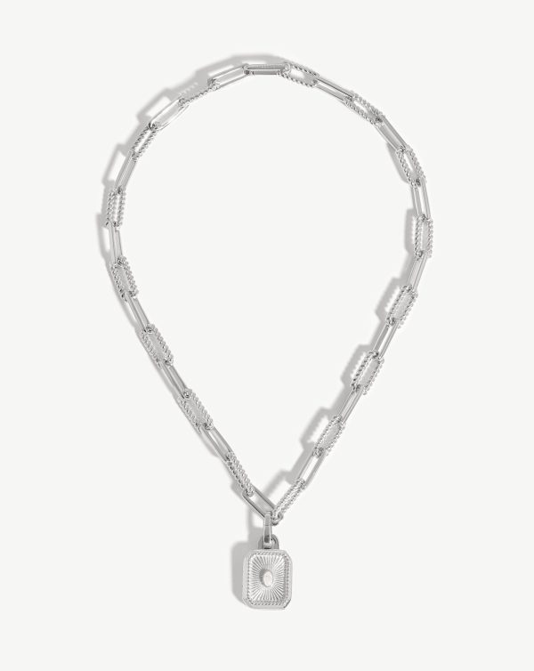 Engravable Square Locket Chain Necklace | Silver Plated/Rainbow Moonstone