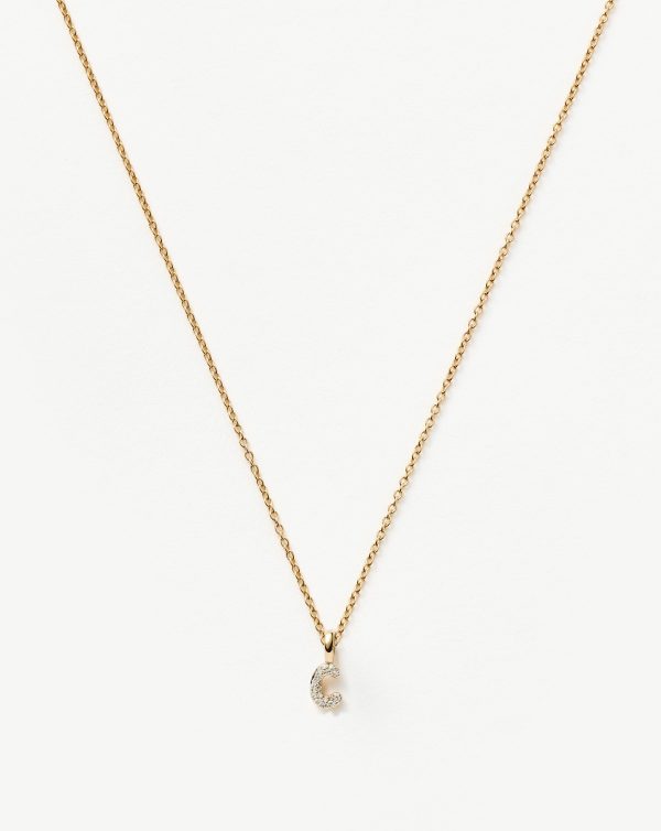 Fine Diamond Initial Mini Pendant Necklace - C| 14ct Solid Yellow Gold Plated/Diamond