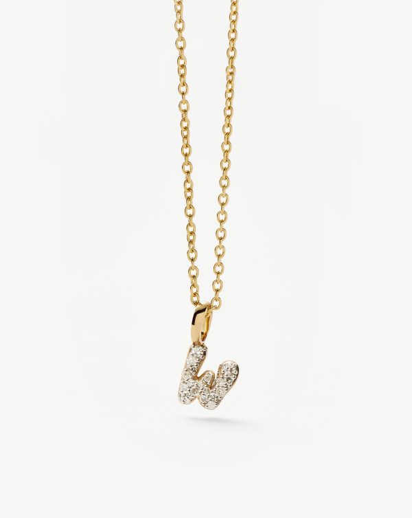 Fine Diamond Initial Mini Pendant Necklace - W | 14ct Solid Yellow Gold Plated/Diamond - 图片 2