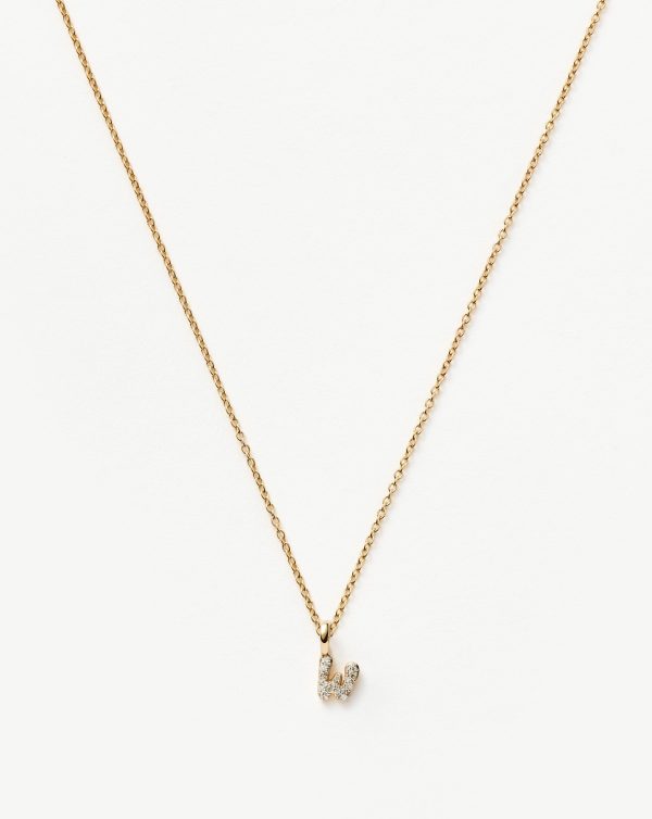 Fine Diamond Initial Mini Pendant Necklace - W | 14ct Solid Yellow Gold Plated/Diamond