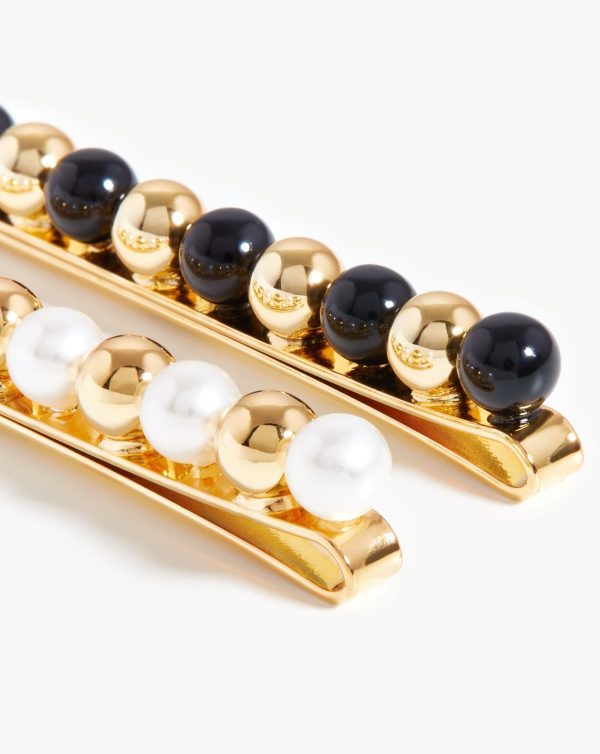 Mini Sphere Beaded Hair Clip Set | 18ct Gold Plated/Faux Pearl and Black Bead - 图片 4