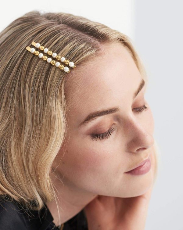 Mini Sphere Beaded Hair Clip Set | 18ct Gold Plated/Faux Pearl - 图片 2