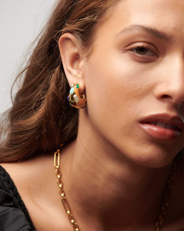 Molten Gemstone Chubby Medium Hoop Earrings | 18ct Gold Plated/Chalcedony & Turquoise & Aquamarine - 图片 3