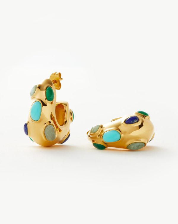 Molten Gemstone Chubby Medium Hoop Earrings | 18ct Gold Plated/Chalcedony & Turquoise & Aquamarine