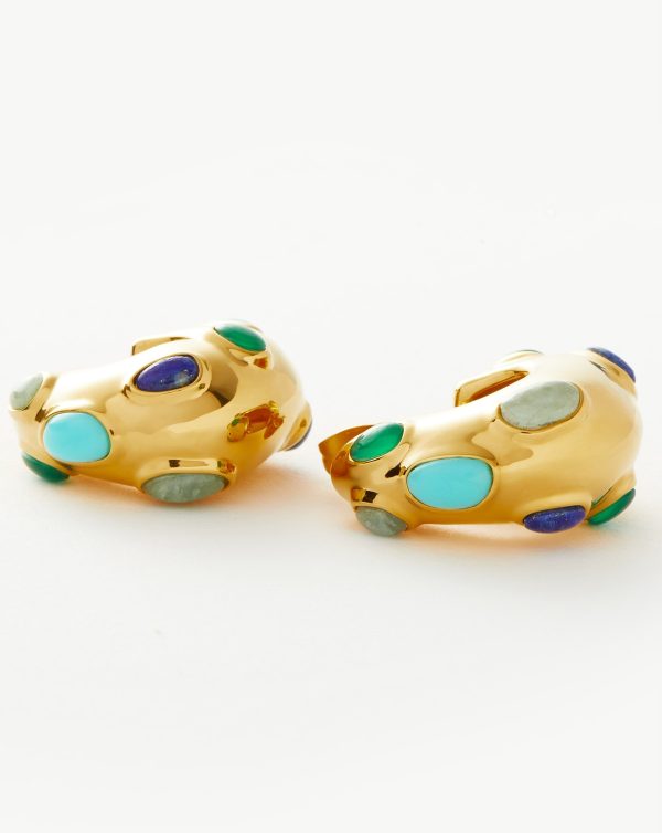 Molten Gemstone Chubby Medium Hoop Earrings | 18ct Gold Plated/Chalcedony & Turquoise & Aquamarine - 图片 4