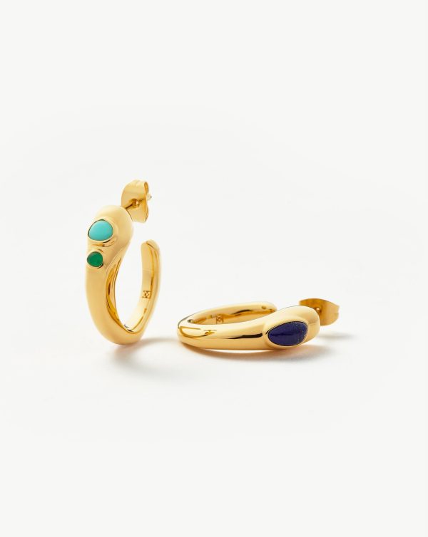 Molten Gemstone Mismatched Medium Hoop Earrings | 18ct Gold Plated/Chalcedony & Turquoise & Lapis