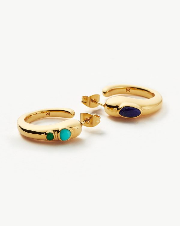 Molten Gemstone Mismatched Medium Hoop Earrings | 18ct Gold Plated/Chalcedony & Turquoise & Lapis - 图片 4